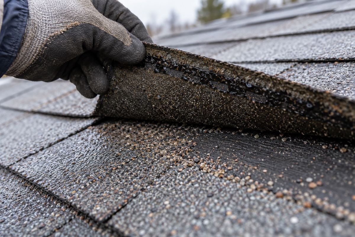Hand lifting a shingle tab to show loose granules beneath it