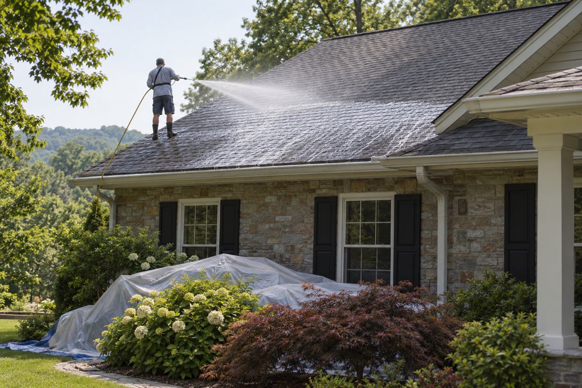 Low-pressure soft wash being applied to a gray shingle roof