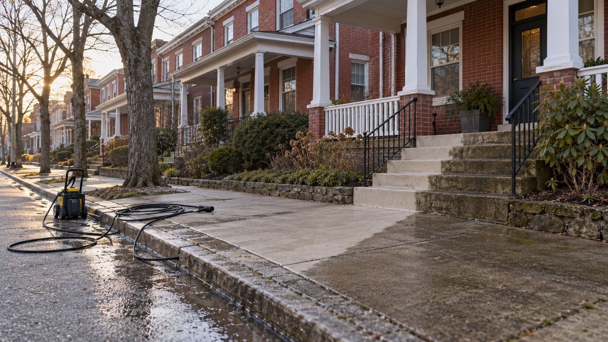 Red brick rowhouses with half-cleaned front steps on a Pennsylvania street