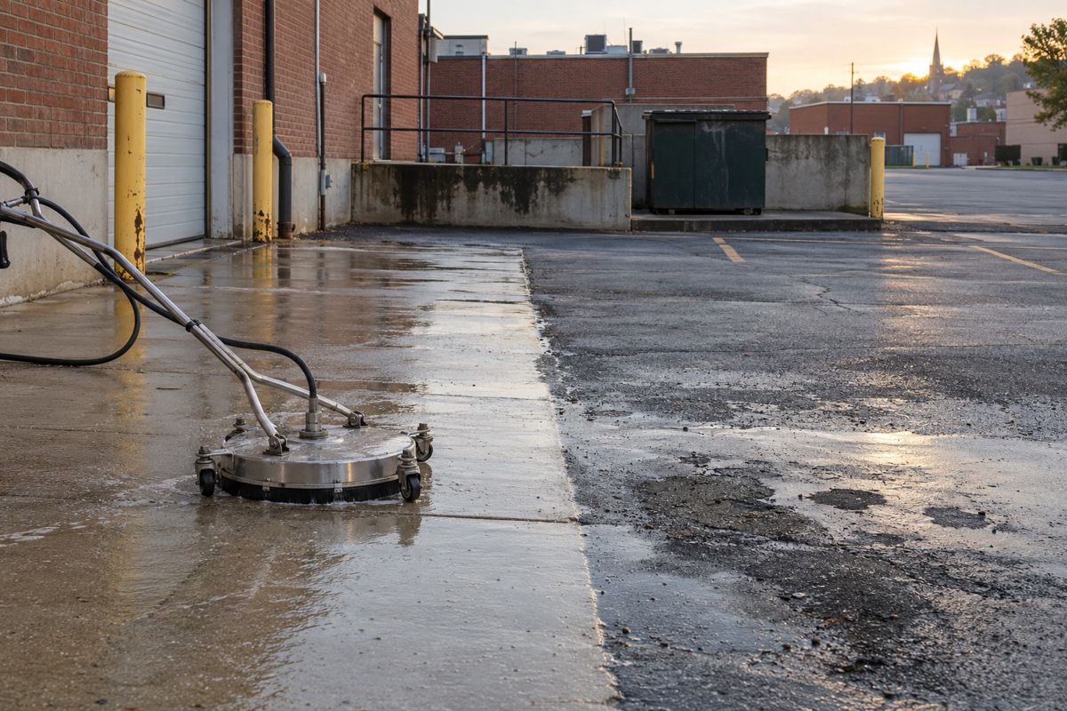 Surface cleaner washing a stained parking lot beside brick storefronts early morning