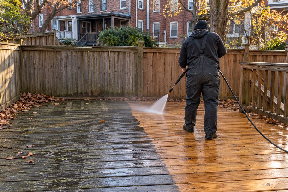 Wood deck boards half cleaned of gray weathering and mildew