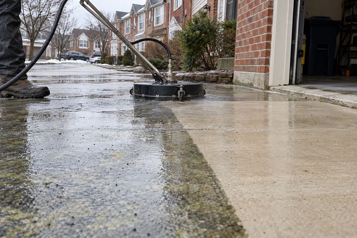 Surface cleaner leaving a clean stripe across a stained concrete driveway