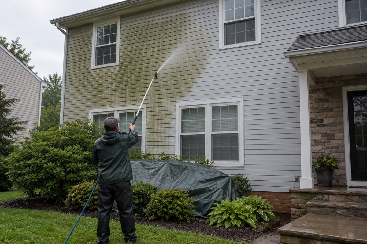 Low-pressure wand washing algae streaks from gray vinyl siding on a twin home