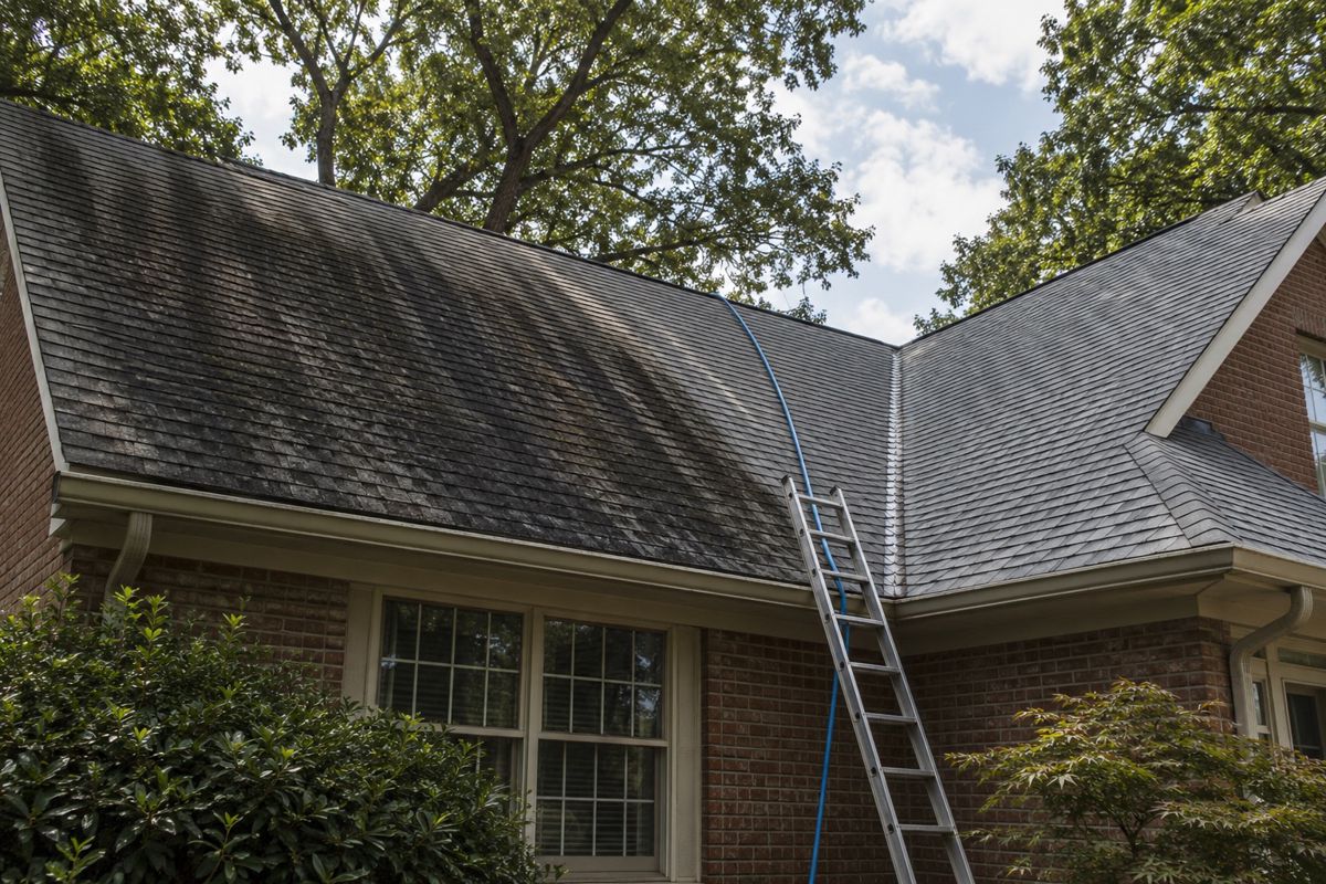 Asphalt shingle roof half cleaned of dark black algae streaks